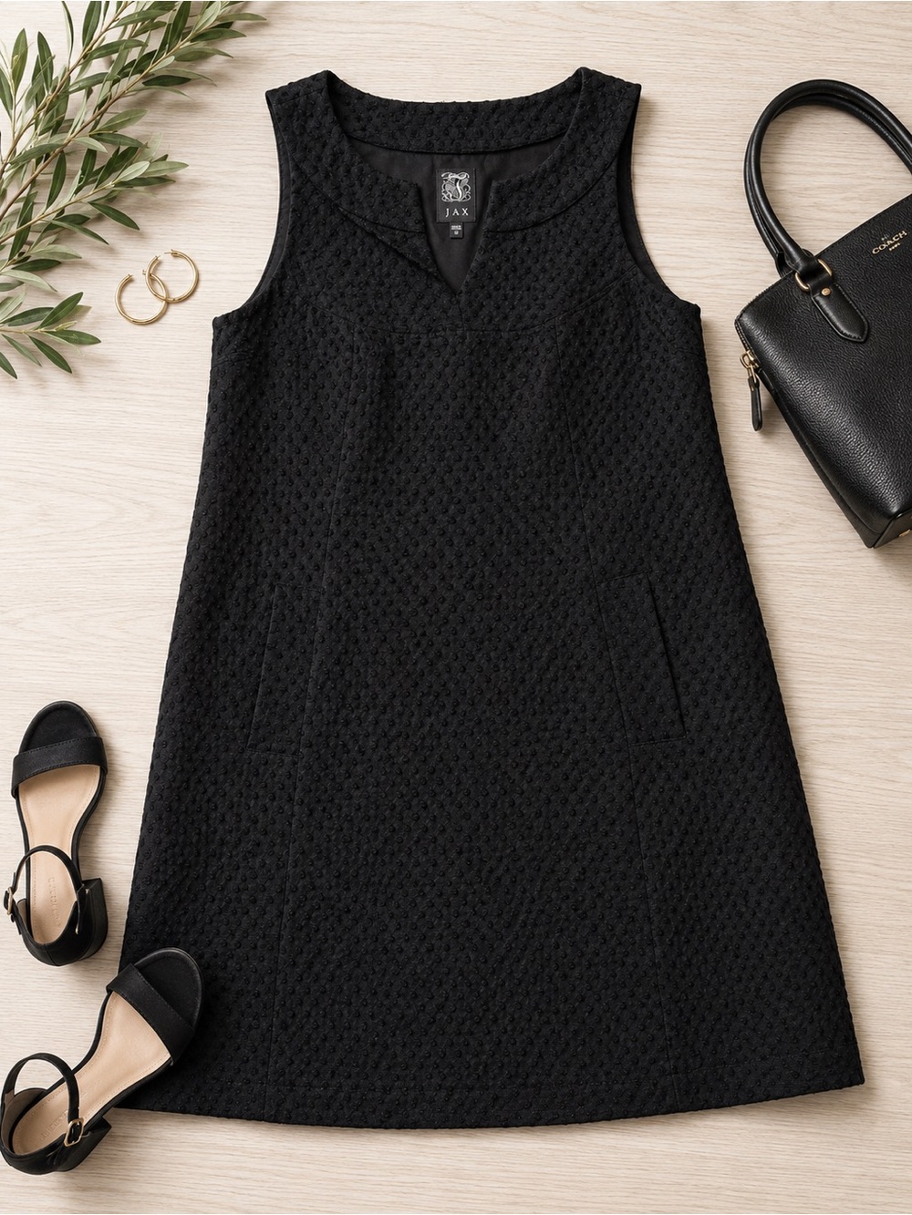 JAX Black Textured Jacquard Shift Dress Sz 12 Sleeveless Pockets Career Cocktail